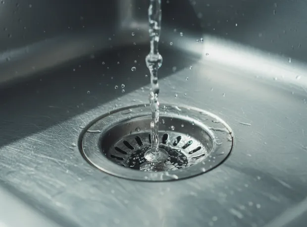 Clear water flowing freely down a clean stainless steel sink drain