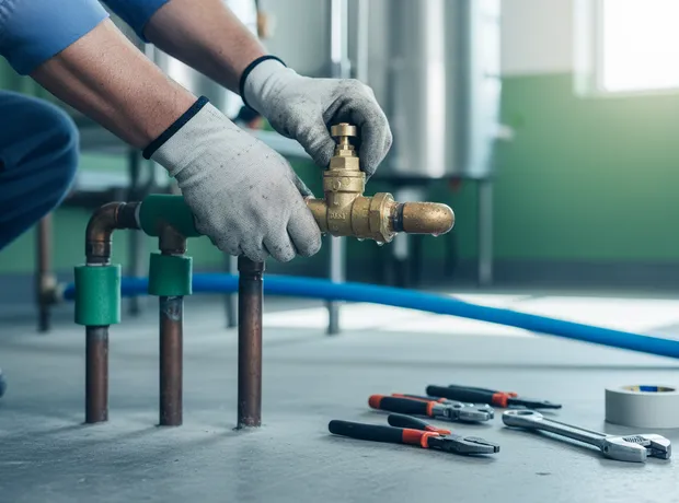 Plumber shutting off a main water valve during an emergency call