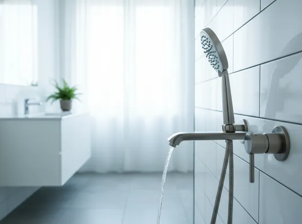 Modern brushed-nickel shower fixture and matching faucet newly installed in a bright bathroom