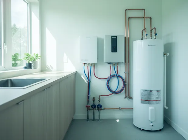 Newly installed tank and tankless water heaters in a clean utility room