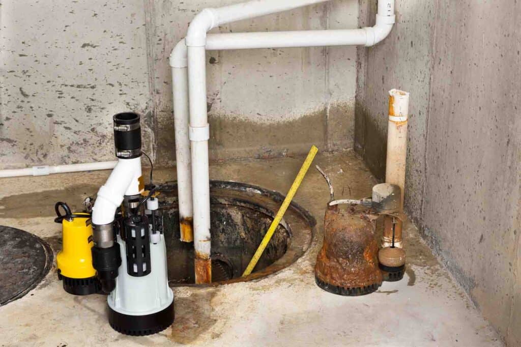 Basement sump pump installation and pipes.